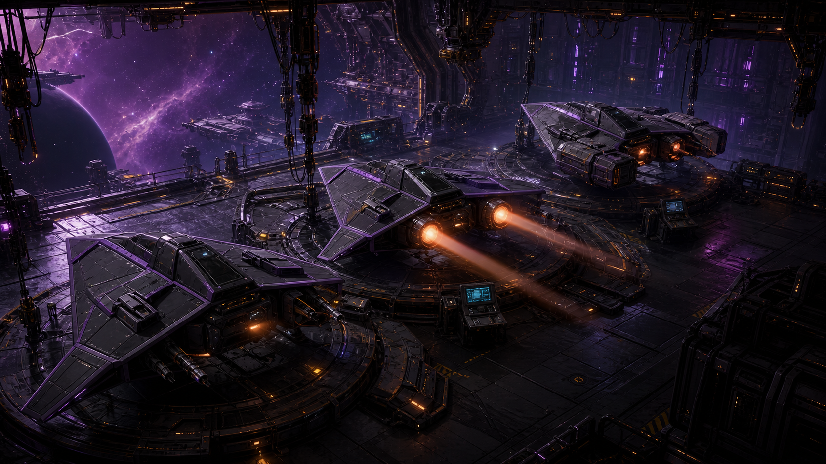 Misfit Galaxy player ship variants staged in an orbital hangar.