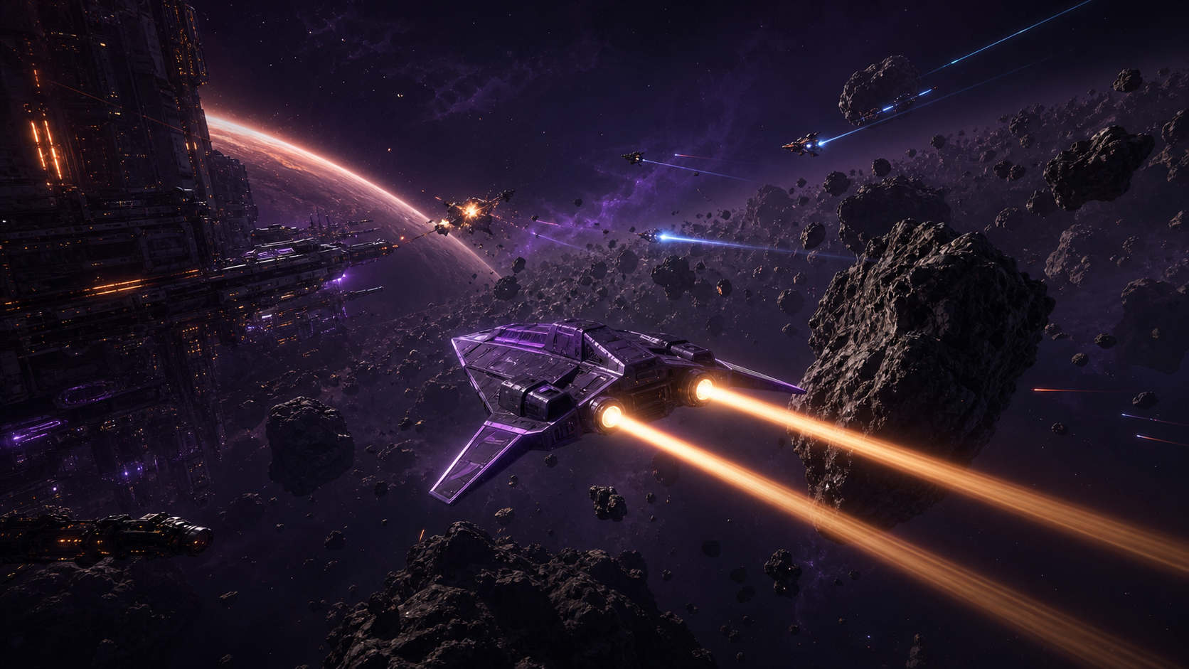 Misfit Galaxy player ship cutting through an asteroid belt under fire.