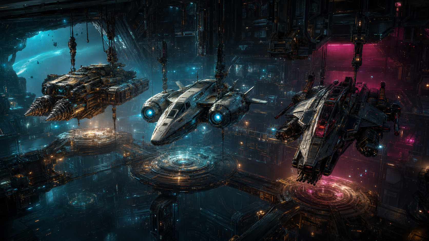 Three Misfit Galaxy ships displayed in a neon orbital hangar.